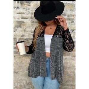 SHEIN Curve Women’s Cardigan Gray With Black Lace Accent Plus Size 3XL